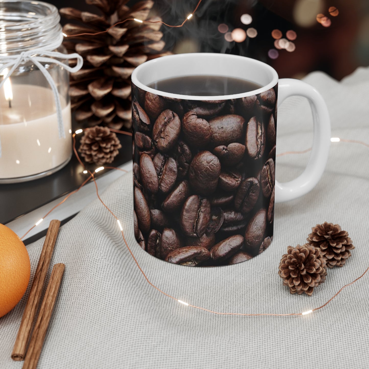 Picture of a coffee mug with a wraparound image of coffee beans